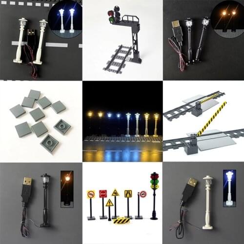 City street light LED lamps car crossing signal light building block Accessories Compatible All Brands City train traffic light