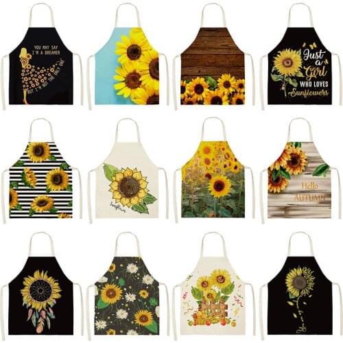 1Pcs Sunflower Pattern Cleaning Art Green Aprons Home Cooking Kitchen Apron Cook Wear Cotton Linen Adult Bibs 53*65cm WQ0176