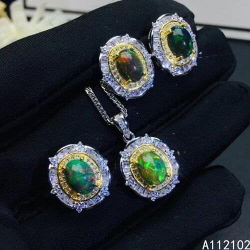 KJJEAXCMY fine jewelry 925 sterling silver inlaid natural black opal Popular flower girl ring pendant eardrop set support test