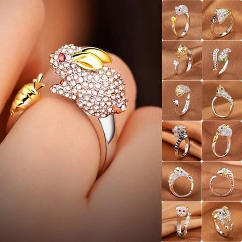 Copper Plated Crystal Lovely Dog Pig Rabbit Monkey Inlaid Animal Rings Women Girl Opening Ring Wedding Party Jewelry