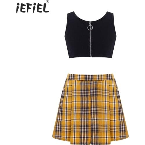 Summer Teenage Girls Clothing Sets Kids Sleeveless Zipper Vest Crop Top Plaid Pleated Skirt Outfits Children Fashion Streetwear