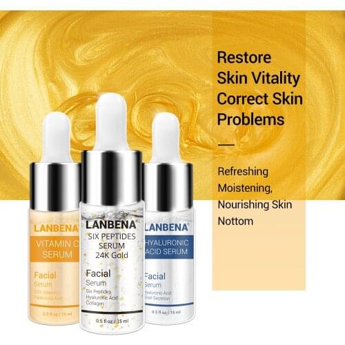 LANBENA Vitamin C Serum+Six Peptides Serum 24K Gold+Hyaluronic Acid Serum Anti-Aging Moisturizing Skin Care Whitening Brighten