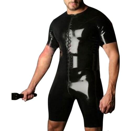Fashion Mens Sexy Black Latex Tights Catsuit Short Sleeves Fetish Rubber Leotard Bodysuit Plus Size Adult Costume LCM031