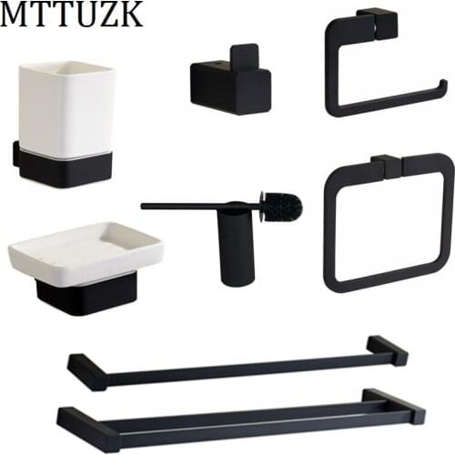 MTTUZK Stainless Steel Matt Black Towel Rack,Towel Bar, Towel Ring Hardware Set,Robe Hook,Toilet Brush, Bathroom Accessories
