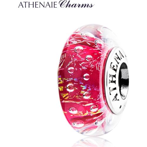 ATHENAIE Genuine Murano Glass Beads 925 Silver Core Iridescent and Fluorescent Rose Red Charms Bead Fit European Bracelets Women
