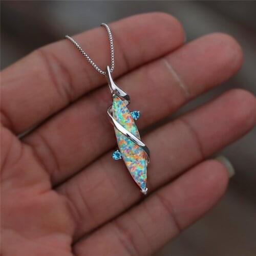 Blue Stone Big Leaf Pendant Necklace Vintage Female White Opal Wedding Necklace Rose Gold Silver Color Chain Necklaces For Women