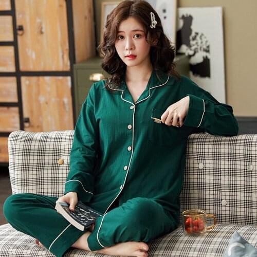 Pajamas Womens Spring and Autumn Cotton Pijama for Women Pure Color Classic Lapel Cardigan Plus Size Lingere Home Service Suit