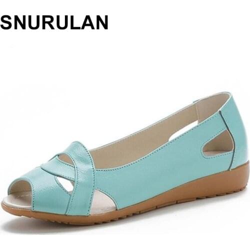 SNURULAN New Fish Mouth Summer Genuine Leather Sandals Women Shoes Flat Comfortable Casual Sandals Large Size Women Sandal Shoes