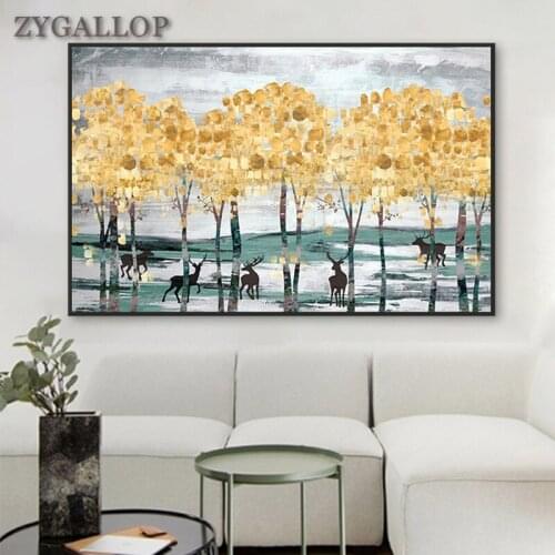 Nordic Abstract Tree Canvas Painting Golden Forest Oil Painting Art Posters And Prints Living Room Wall Pictures for Home Design