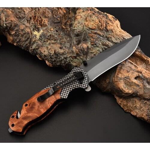 Red Rosewood Handle Tactical Knife 7.87 Inch Stainless Steel Folding Knife Camping Multifunctional Self-defense Knife