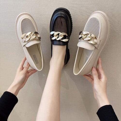 Oxford Shoes for Women Shoes Woman Metal Chain Hollow Slip on Square Platform Shoes Round Toe Loafers Solid Leather Casual Shoes