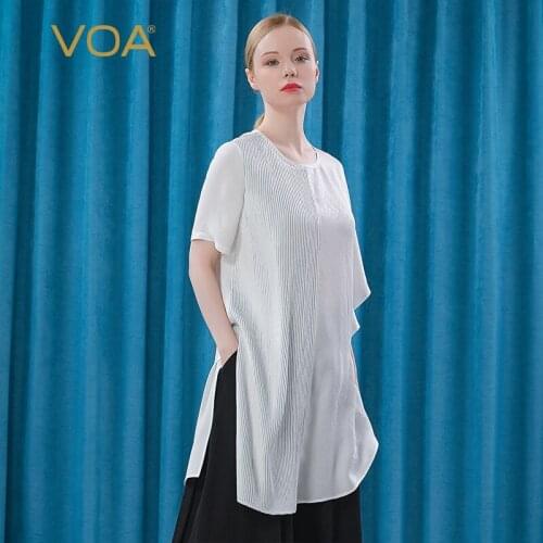 VOA Elegant Office Lady Organ Pleats Solid Loose Silk Top Summer O-Neck Asymmetrical Bat Half Sleeves Casual Woman Tshirts BE329