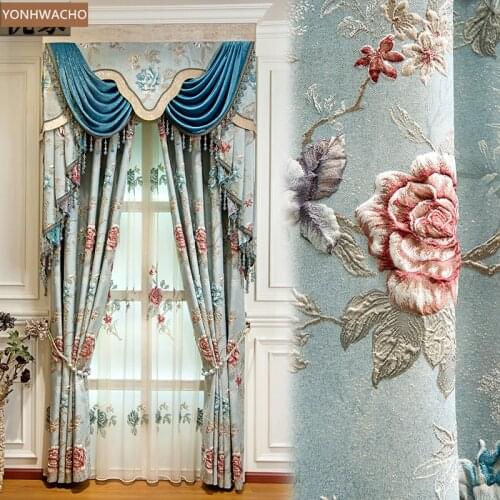 Custom curtain luxury living room bedroom 3d embossed European jacquard blue cloth blackout curtain valance tulle panel C680