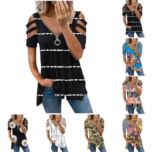 Women Zipper V-neck Off Shoulder Print Short Sleeve Loose T-Shirt Blouse Tops Loose Casual Womens T-shirts Casual Summer Shirt