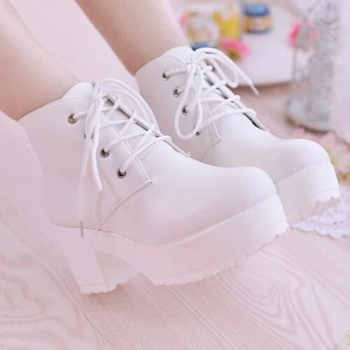 New Ankle Boots Women Platform Shoes Lace Up Pu Leater Shoes White Black Women Chunky Heels Hot Sale Shoes Woman
