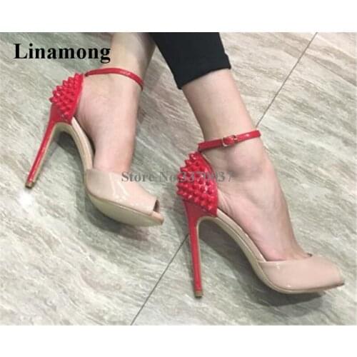 Brand Design Women Fashion Peep Toe Patent Leather Back Rivet Thin Heel Pumps Ankle Strap High Heels Club Shoes Wedding Shoes