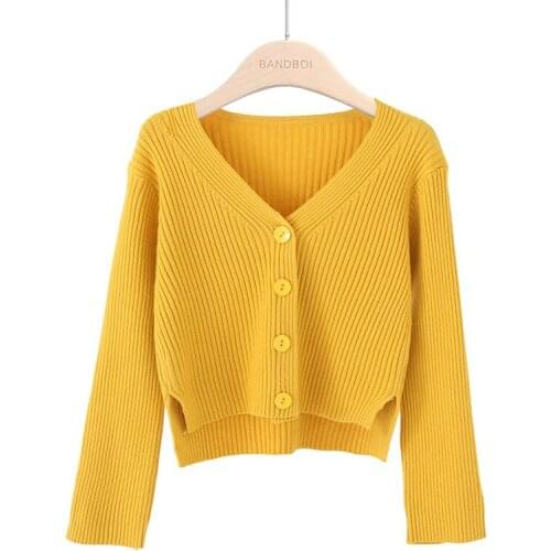 Ladies Yellow Single-breasted Cardigan Autumn Women Korean Version Wild Short Long-sleeved Solid Color Short Knit Sweater Jacket