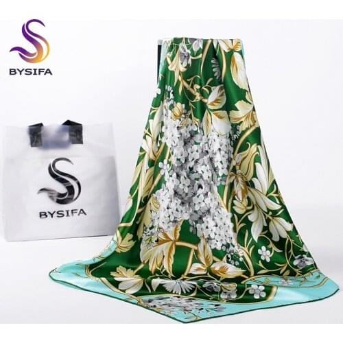 [BYSIFA] Autumn Green Women Silk Scarf Spring Winter Fashion Accessories Brand Flower Design Ladies Square Scarves Wraps Echarpe