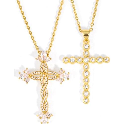CZ Crystal Cross Pendant Necklaces For Women Cubic Zirconia Gold Chain Flower Necklace Micro Paved Statement Jewelry nkeq90