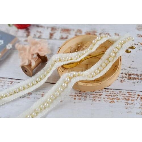 1 Meter Width 2.5cm Pearl Beaded Lace Trim Tape Lace Ribbon Ivory Lace Fabric Collar Dress Sewing Garment Headdress Materials