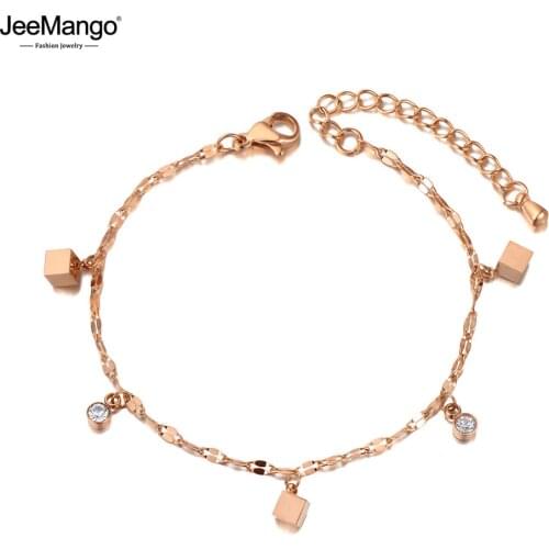 JeeMango Bohemia Stainless Steel Geometric Square Charm Bracelets For Women Trendy CZ Crystal Jewelry Женский Браслет JB20099
