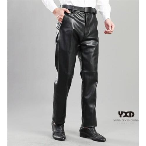 Brand New Mans PU Leather Pants Man Fashion Elastic Imitation Cowhide Loose Straight Trousers Male Streetwear Motorcycle Pants