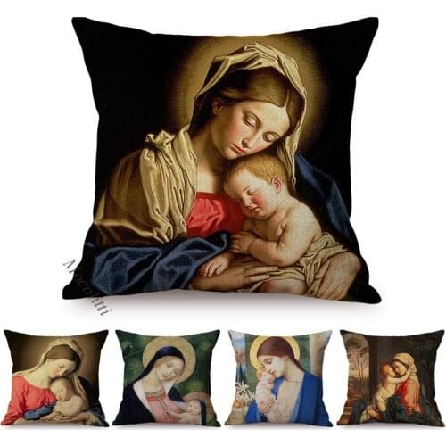Bible Story Religion Virgin Prayer Oil Painting Renaissance Christian Home Decor Pillow Case Virgin Mary and Child Cushion Cover