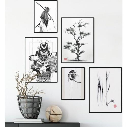 Japanese Style Ink Monochrome Painting Canvas Print Samurai Sword Poster Living Room Wall Art Decorative Picture Home Decor