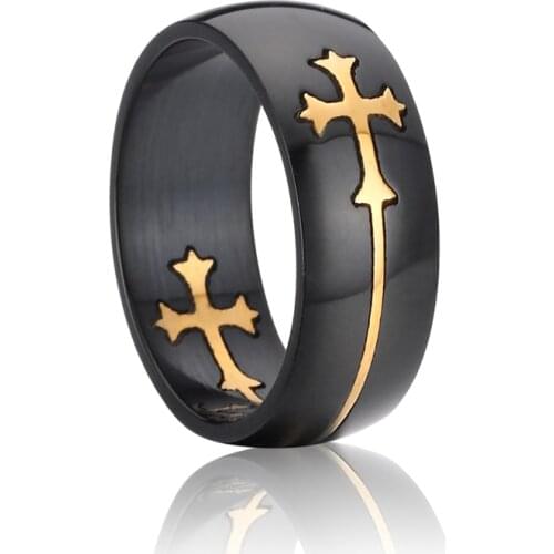 God Bless You Black titanium Ring Gold Filled Cross Couple Wedding Band Jewelry Finger rings for men and women Western America