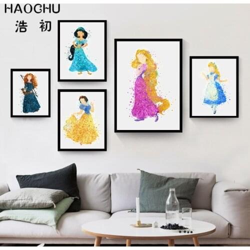 HAOCHU Rainbow Colorful Fairy Tale Princess Cartoon Beauty Canvas Painting Cinderella Snow White Wall Poster Kids Room Decor