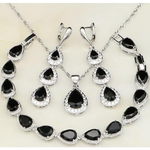 Water Drop Black Cubic Zirconia White CZ 925 Sterling Silver Jewelry Sets For Women Wedding Earrings/Pendant/Necklace/Bracelet
