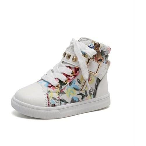 Girls Autumn Small Floral Single Shoes 2021 Metal Zipper Childrens High-top Canvas Shoes White Kids Casual Sneakers