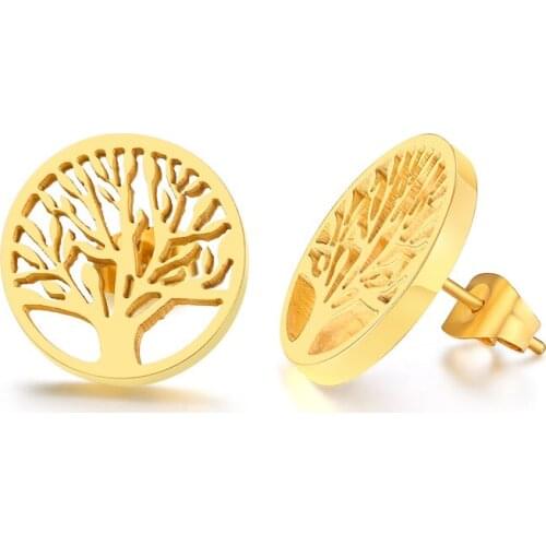 Fashion Tree Of Life Stud Earrings Women Gold Color Stainless Steel Round Hollow Earring Jewelry Gift Aretes De Mujer