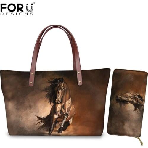 FORUDESIGNS New Fashion Spring Handbags Animal Horse Print 3D Women Shoulder Bags 2pcs/set Female Messenger Bag Zipper PU Purses