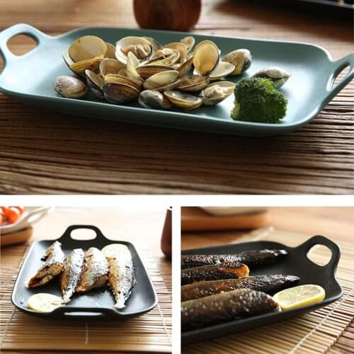 Jusen Japanese Style 7.25 Inches Double Handle Rectangular Dinner Plate Ceramic Vajilla Ceramica Completa Kitchen Tableware