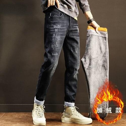 Autumn and Winter Plus Velvet Jeans Mens Slim Feet Trousers Autumn Thicker Mens Outer Wear Handsome Pants