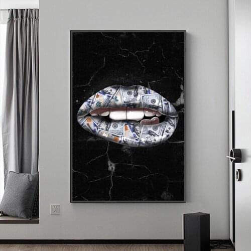 Nordic Dollar Bill Lips Art Canvas Painting HD Posters and Prints Black Cuadros Wall Art Picture for Living Room Home Decoration