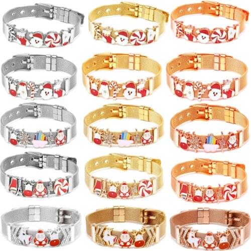 Christmas Series Stainless Steel Adjustable Mesh Bracelet DIY Crystal Santa Claus Slide Beads Charm Bracelets For Women Jewelry