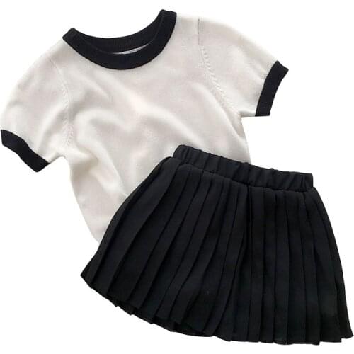 Knit Kids 2Pcs Sets Age For 1 - 8 Years Baby Girls T-Shirt+Pleated Skirt Back To School Outfits 2021 New Summer Children Clothes