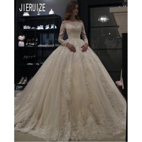 JIERUIZE Gorgeous Long Sleeves Lace Wedding Dresses Off Shoulder Ball Gowns Appliques Beaded Button Back Dubai Bridal Gowns