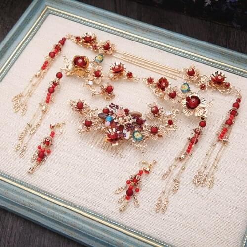 Vintage red simple atmosphere Chinese style hair sticks Phoenix crown sets wine headwear wedding hair jewelry accesorios mujer