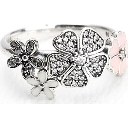 925 Sterling Silver Shimmering Bouquet, White and Pink Enamel & Clear CZ Flower Finger Rings for Women Wedding Gift