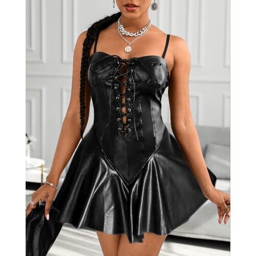 RMSFE 2021 Womens Sleeveless Fashion Slim Fit Pure Color Tight Suspender Sexy Pu Leather Bandage Dress