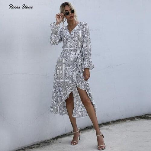 2021 Wrap Dress Autumn New Long Sleeve Ruffle Ladies' Streetwear Beach Holiday Fall Dresses Fashion Casual Bohemian Clothes Sexy