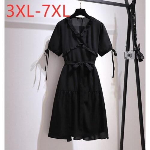 New 2021 Ladies Summer Plus Size Midi Dress For Women Large Short sleeve Loose Black Ruffle Belt Dress 3XL 4XL 5XL 6XL 7XL