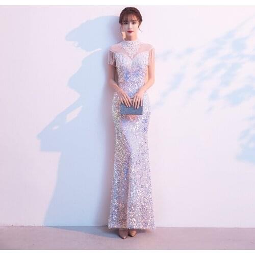 High Neck Sequins Evening Dress Tassel Short Sleeves Elegant Pleat Floor-Length Mermaid Plus size Women Formal Party Gown C915