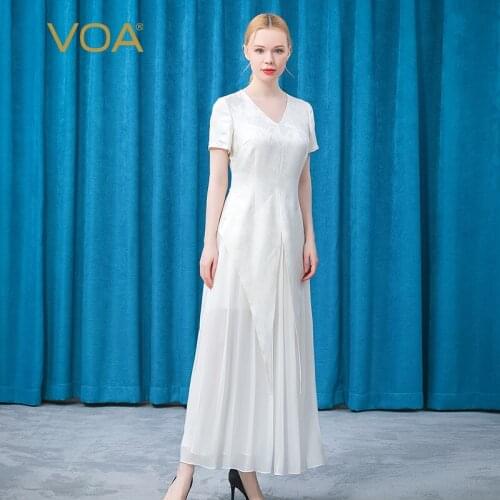 VOA Summer Silk Jacquard V-neck Short Sleeve Dress AE809 White Elegant Fake Two-piece Maxi Dresses for Women Vestido Feminino