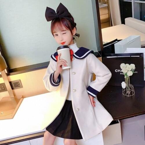 Girls winter new woolen coat Girls long casual woolen coat Girls winter windbreaker Girls lapel solid color trench coat