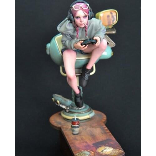 1/8 modern girl with chair and play game Resin figure Model kits Miniature gk Unassembly Unpainted