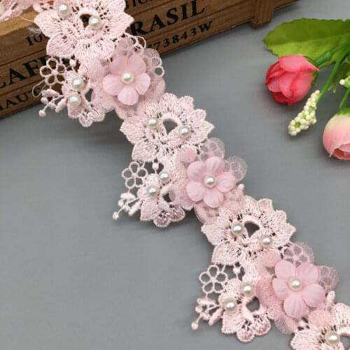 1 Yard Pink 3D Flower Pearl Lace Trim Embroidered Lace Ribbon Fabric Handmade Beaded Sewing Craft For Costume Hat Decoration 5cm
